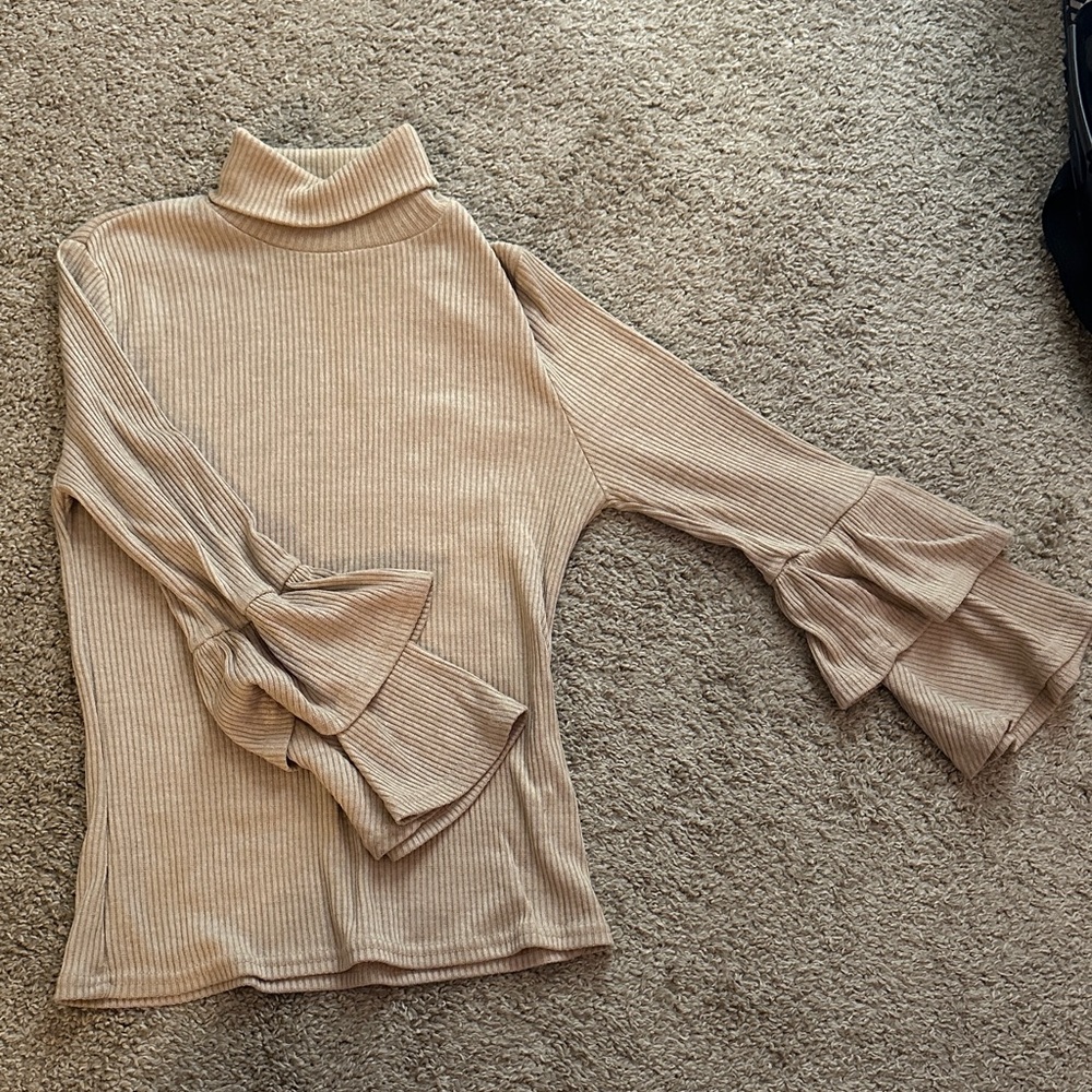 Ribbed Turtleneck Sweater with Bell Sleeves